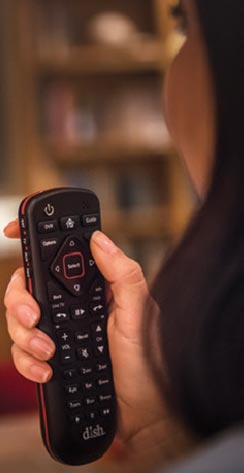 Person holding DISH TV remote with dictation
